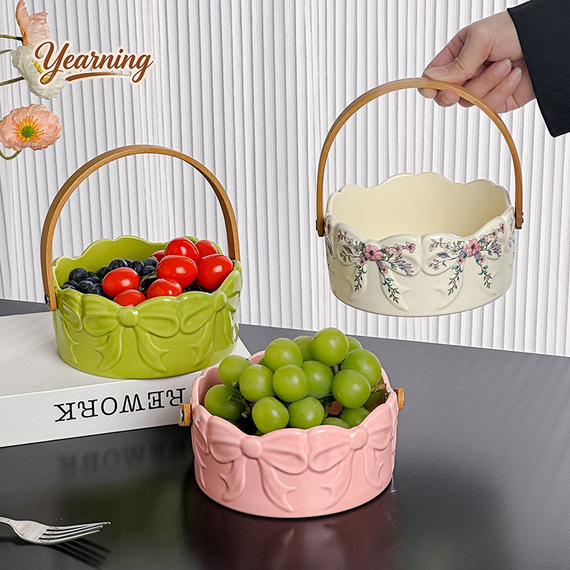Snacks Food Gift Baskets - High End Bow Handle Ceramic Fruit